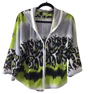 Joseph Ribkoff Jacket Women’s 8 Green White Black Animal Print Open Knit Zip Up